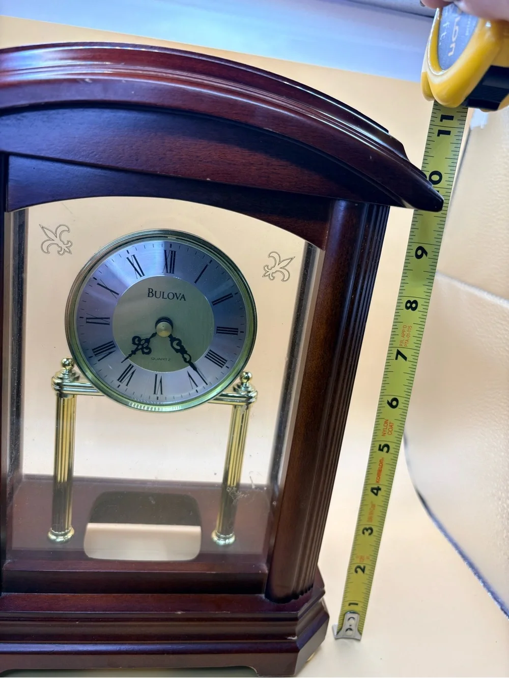 Bulova Gold and Brown Wooden Mantel Clock with Glass Case